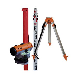 Komplekts - optiskais nivelieris NEDO F32 + 5m mērlata + alumīnija statīvs ar plakanu virsmu