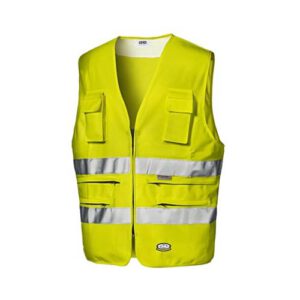 Veste ar krekla tipa apkakli, rāvējslēdzēja aizdari, krūšu kabatām un divām atstarojošām joslām, dzeltena