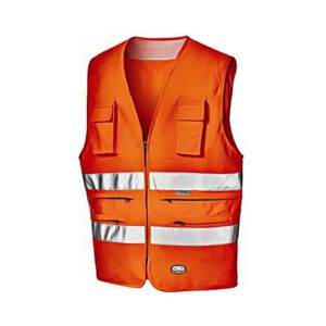 Veste ar krekla tipa apkakli, rāvējslēdzēja aizdari, krūšu kabatām un divām atstarojošām joslām, oranža