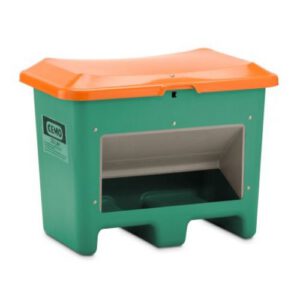 Smilts/sāls stiklšķiedras konteiners, zaļš ar oranžu vāku, 200l (atvērtā tipa; ar iekrāvēja ejām) [CE]