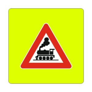 Brīdinājuma zīme Nr.133F/Dzelzceļa pārbrauktuve bez barjeras, 1200x1200mm ar fluorescējošu rāmi, 2. atst. klase