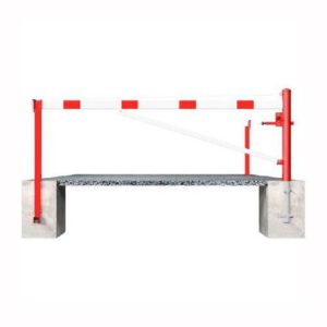 Horizontāli grozāma barjera (ar metāla trosi) ar atbalsta stabu (ar trijstūrveida slēdzeni), 5500mm (betonējama) [SCH]